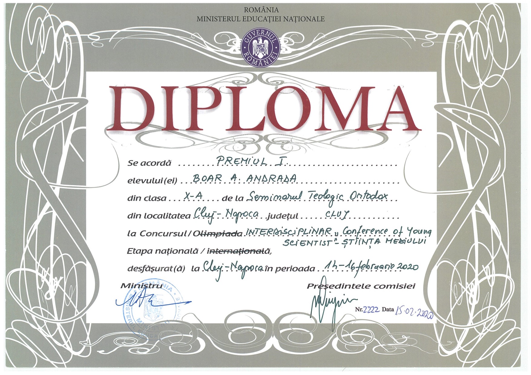 Rezultat de excepție la Concursul Interdisciplinar „Conference of Young Scientist” – Știința Mediului